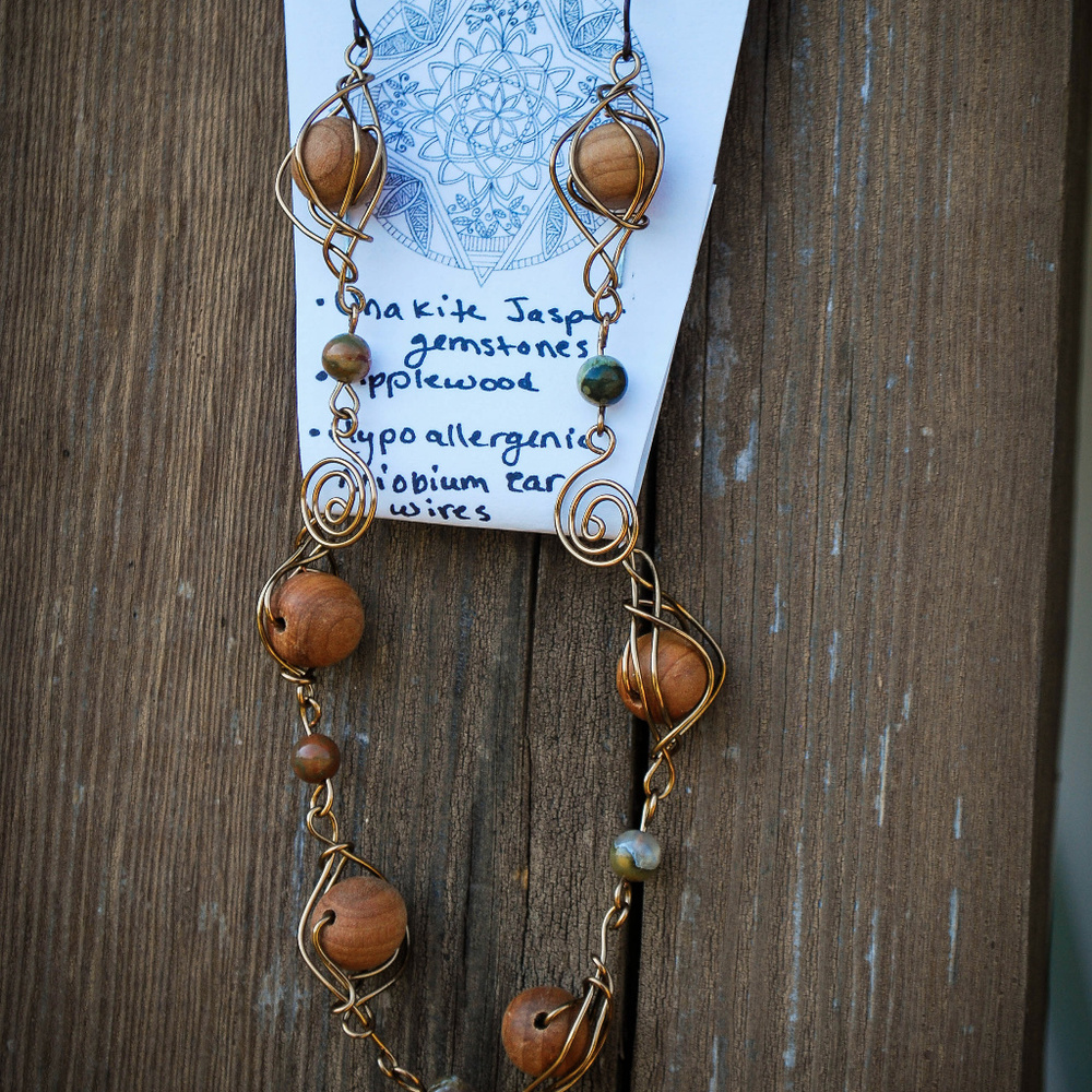 Handcrafted Applewood Unakite Earrings & Bracelet
